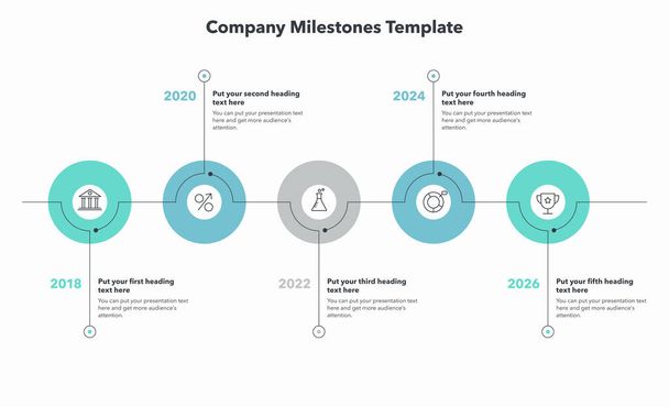 Company milestones with five colorful stages. Simple flat template for data visualization. - Wektor, obraz
