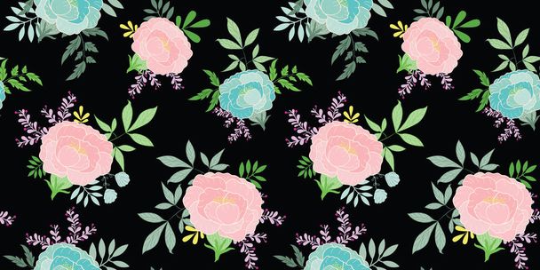 Pink blue peonies bunches on black vector seamless surface pattern design. For retro fabric fashion allover print, textiles, shirts frocks prints, covers, walls, packaging, and much more - Διάνυσμα, εικόνα