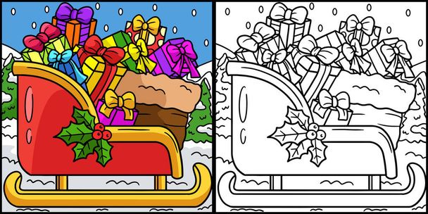 This coloring page shows a Christmas Sleigh. One side of this illustration is colored and serves as an inspiration for children. - Vektor, Bild