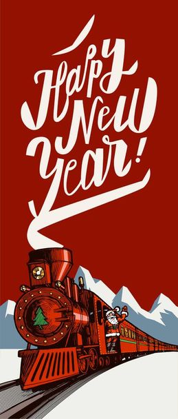 Santa Claus riding red vintage steam train in front of snowy mountains with Happy New Year typography coming out of the chimney. - Vektor, kép