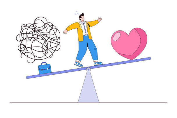 Emotional management between work stressed and happy lifestyles, keep harmony among career and life concepts. Businessman standing on seesaw balancing briefcase with messy lines and passion heart. - Вектор,изображение