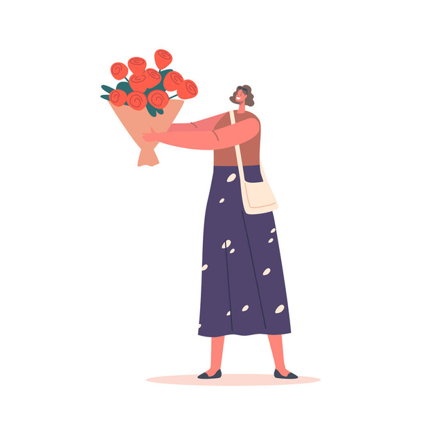 Woman Holding Beautiful Flower Bouquet, Happy Girl with Bunch of Red Roses Isolated on White Background. Gift for Birthday, 8 March, Dating or Valentines Day. Cartoon Vector Illustration - Vetor, Imagem
