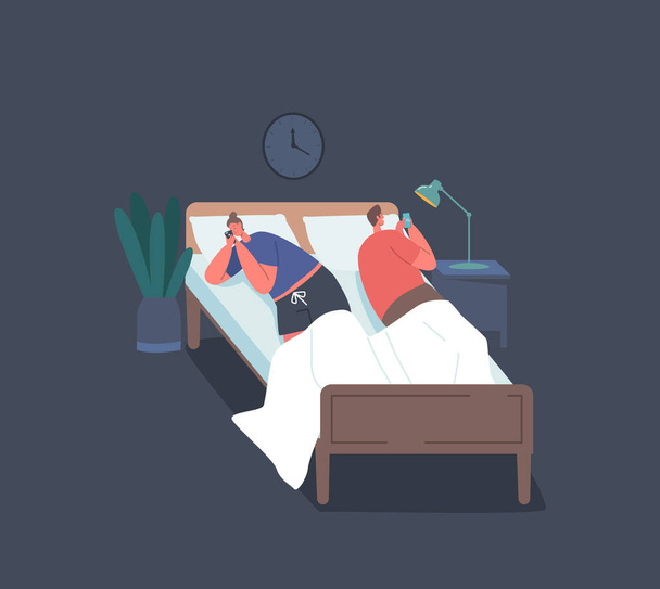 Internet Addiction, Family Problems. Young Couple Man and Woman Lying in Bed Back to Back with Smartphones in Hands. Characters with Phones at Night in Bedroom. Cartoon People Vector Illustration - Vektor, obrázek
