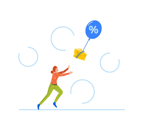 Inflation, Price Rising Up Concept, Female Consumer Character Catching Grocery Product Flying Away on Air Balloon. Rising Expenses and Cost due to Economic Crisis. Cartoon People Vector Illustration - Vektor, obrázek