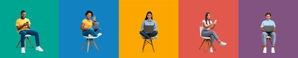 Glad smiling millennial different people sit with laptop and smartphone on chairs isolated on colorful background, studio, collage, panorama. Gadget for work and education, good offer and ad online - Фото, изображение