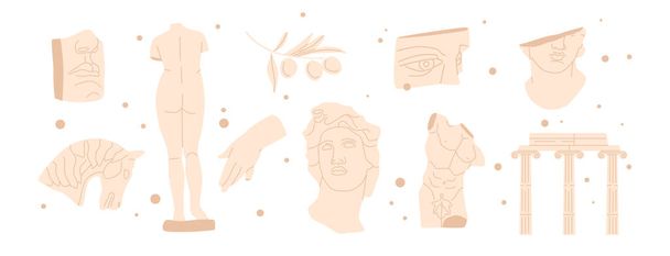 Set of Greek Ancient Sculpture, Antique Marble Classic Statues In Trendy Bohemian Style. Boho Tattoo Art, Heads, Horse, Olive Branch, Vase, Column, Hands, Body. Cartoon Vector Illustrations, Icons - Vektor, obrázek