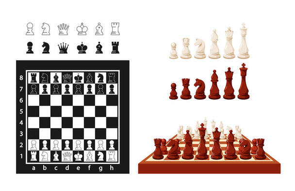Chess Game Pieces On Chessboard. Figures King, Queen, Rook, Knight, Bishop, Pawn Isolated On White Background. Strategy Sport Game Graphic Elements, Chess Club Icons. Cartoon Vector Illustration - Vettoriali, immagini
