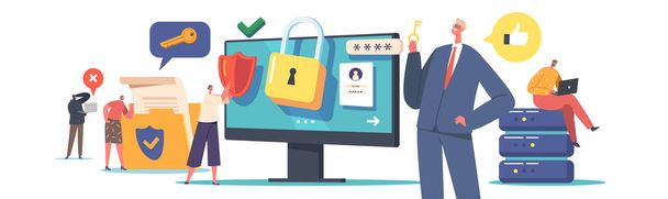 Computer Security, Privacy Data Protection in Internet, Virtual Private Network Concept. Tiny Characters around of Huge Desktop with Shield and Lock on Screen. Cartoon People Vector Illustration - Vektör, Görsel