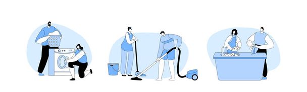 Set of Family Household Chores. Couple Clean Kitchenware, Vacuuming Floor, Washing Clothes Together, Happy Man and Woman Every Day Routine and Human Relations. Cartoon People Vector Illustration - Διάνυσμα, εικόνα