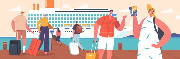 Summertime Vacation Journey On Nautical Passenger Vessel. People Boarding On Cruise Liner Deck with Seascape Nature Background. Characters Summer Relax On Ship In Ocean. Cartoon Vector Illustration - Vektor, Bild