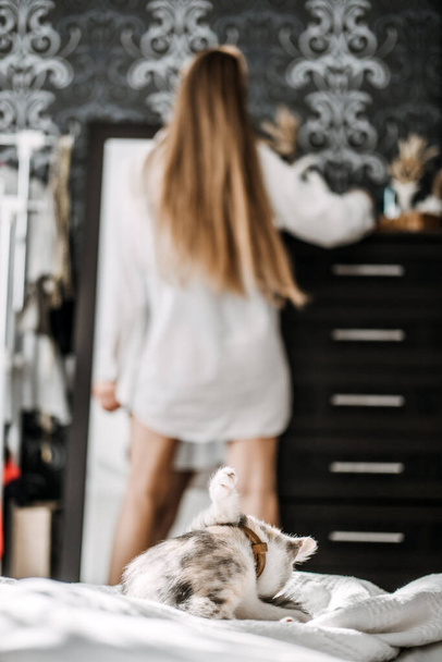 Self care, Mental health, mental wellbeing, calm, mourning routines, start day. No stress. Young woman in pajamas doing morning routines with little kitten. - Foto, Imagen