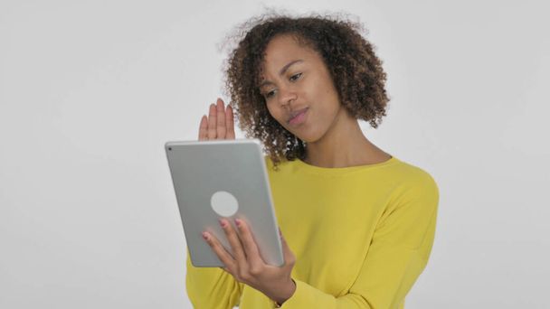 Video Call on Tablet by African Woman on White Background - Zdjęcie, obraz