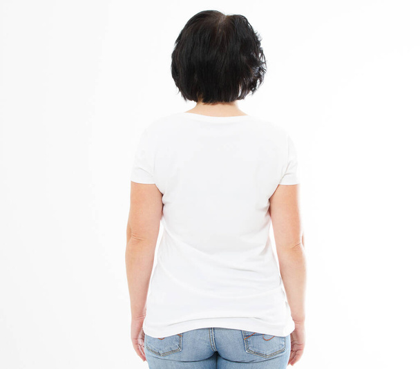 Back view - woman in white t-shirt isolated mock up, copy space, empty tshirt. Girl in t shirt. - Foto, Bild