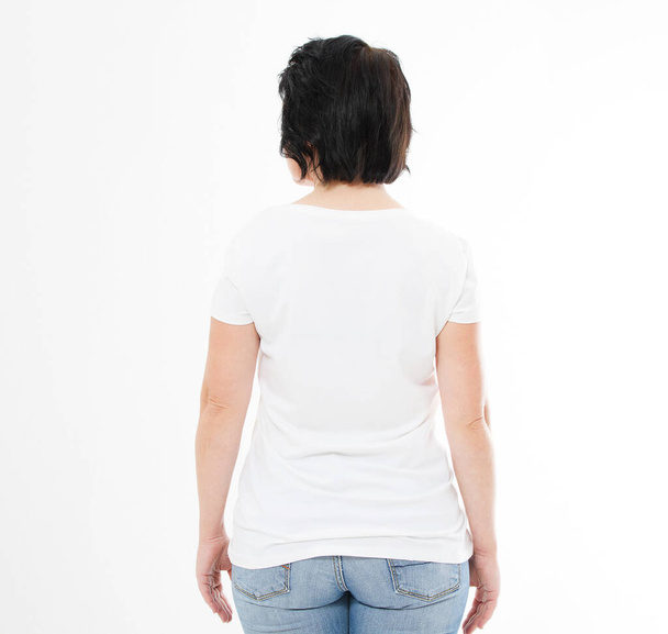 back view brunette woman in tshirt on white background. Mock up for design. Copy space. Template. Blank - Fotografie, Obrázek