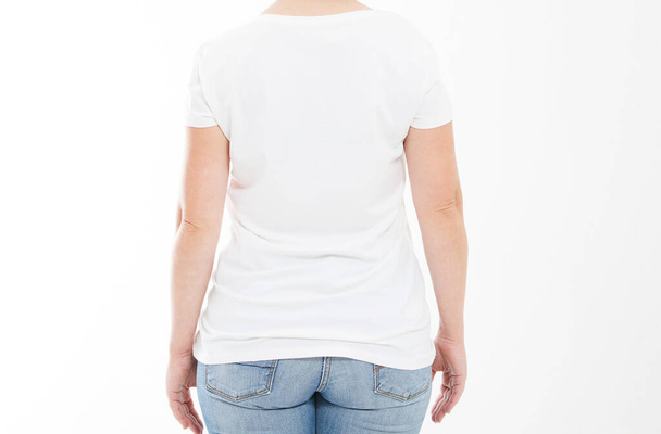 cropped portrait woman middle age in tshirt isolated on white background - 写真・画像