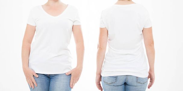 retrato cortado definir mulher em tshirt no fundo branco. Preparem-se para o design. Espaço para cópia. Modelo. Em branco - Foto, Imagem