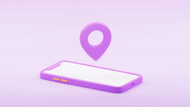 Smartphone with location pin icon on screen. Location online delivery transportation logistics concept. 3D rendering illustration. - Foto, Imagem