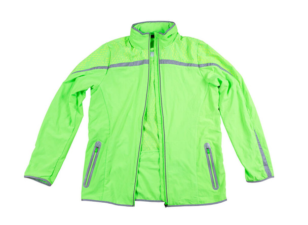 Sport kabát elszigetelt, zöld kabát futáshoz vagy kerékpározáshoz fehér alapon - fényvisszaverők a dzsekin - Fotó, kép