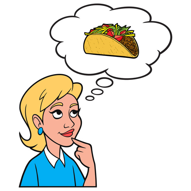 Девочка, думающая о Taco - мультфильм о девочке, думающей о том, чтобы съесть Taco на обед. - Вектор,изображение