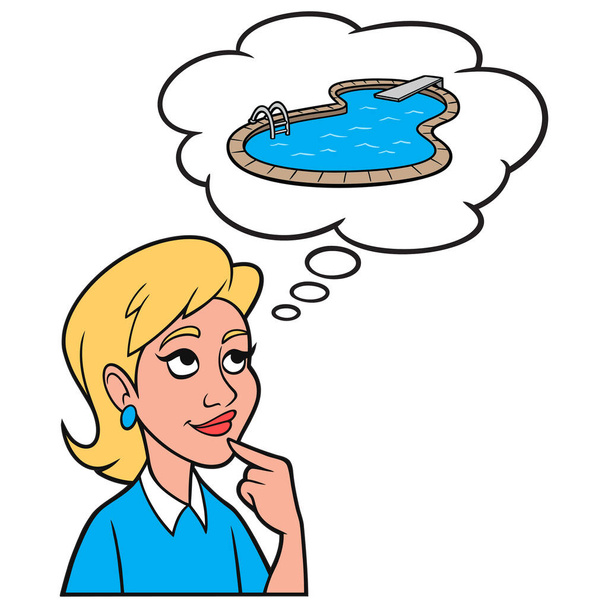 Menina pensando em uma piscina interior - Uma ilustração de desenho animado de uma menina pensando em uma nova piscina inground. - Vetor, Imagem