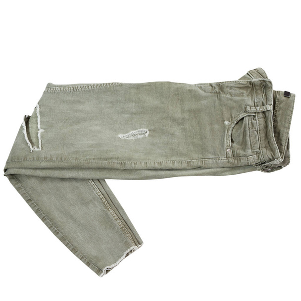 Складные брюки цвета хаки на белом фоне вид сверху, мода, стиль концепции - Chino брюки изолированы на белом фоне, цвета хаки, зеленый случайные брюки - Фото, изображение