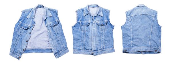 Denim vest set, set of denim vest, jeans vest front back view. Folded Vest isolated on white background copy space - Photo, Image
