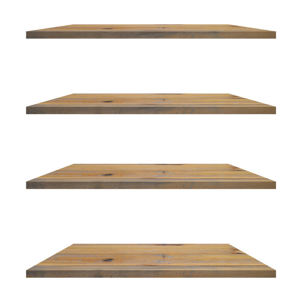 4 старі дерев'яні полиці стіл ізольовані на білому фоні і дисплейний монітор для продукту
. - Фото, зображення
