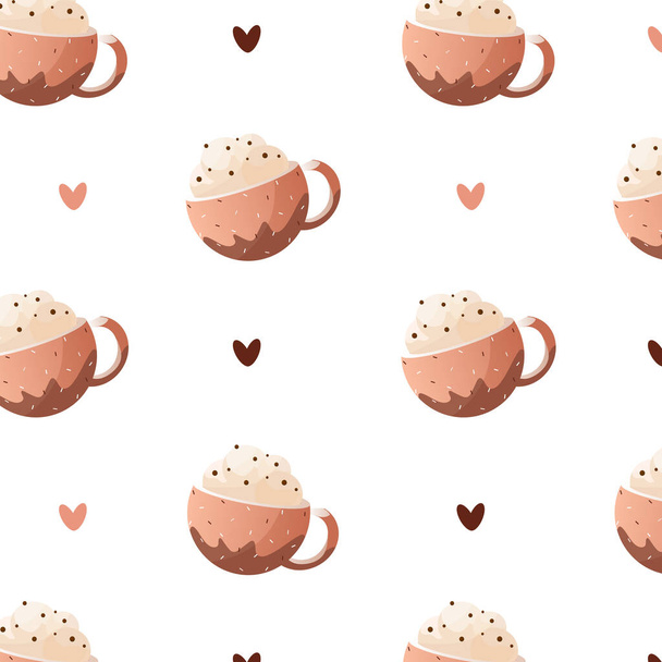 Cocoa pattern on a background with hearts. Autumn vector pattern. For a gift, packaging, wallpaper, wrapping, for notebooks - ベクター画像