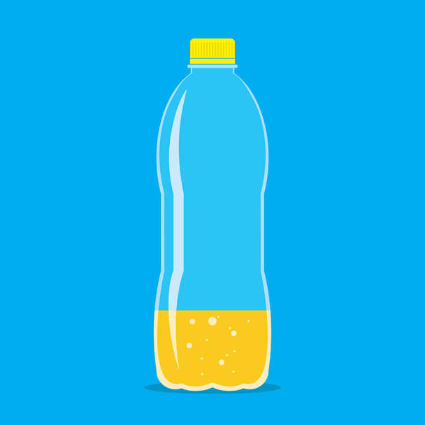 Plastic bottle one quarter filled of fresh sparkling orange juice. Flat icon isolated on blue background. Yellow liquid in transparent container. Stylized vector eps10 illustration with transparency. - Vector, afbeelding