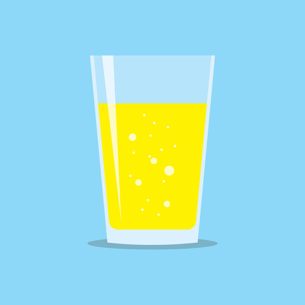 Glass three quarters filled of fresh sparkling juice. Flat icon isolated on light blue background. Yellow liquid in transparent container. Stylized vector eps10 illustration with transparency. - Vector, imagen
