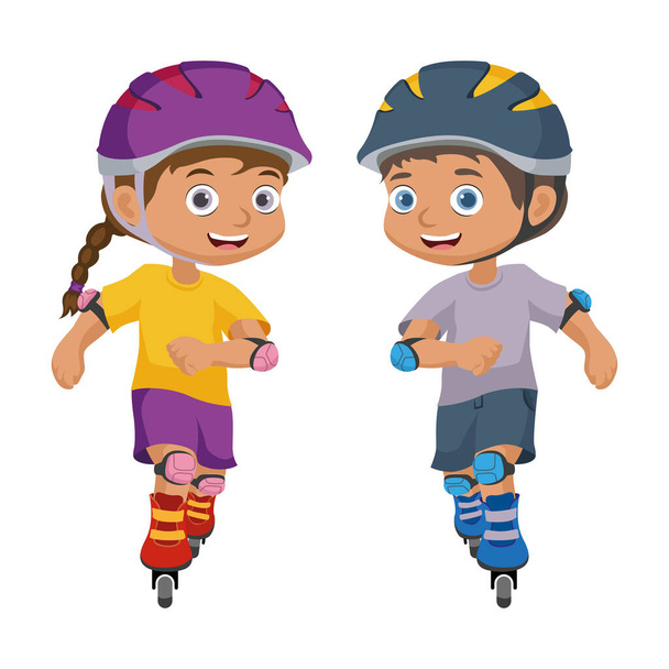 Boy and girl Riding Roller. Little Kids Riding Roller Skate. Vector illustration - Vector, Imagen