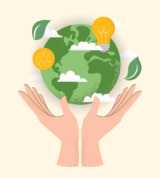 Векторная иллюстрация человеческой руки, держащей земной шар, значок "Recycle", лампочку, листья и облака. Концепция Всемирного дня окружающей среды, спасение Земли, устойчивость, экологический образ жизни нулевых отходов - Вектор,изображение