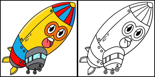 This coloring page shows a Zeppelin with Face Vehicle. One side of this illustration is colored and serves as an inspiration for children. - Vector, afbeelding