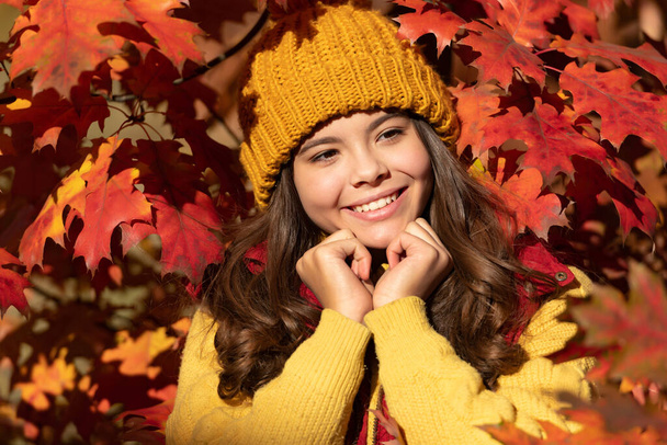 Autumn teen child girl portrait, fall leaves concept. positive kid in hat standing at autumn leaves. - Valokuva, kuva