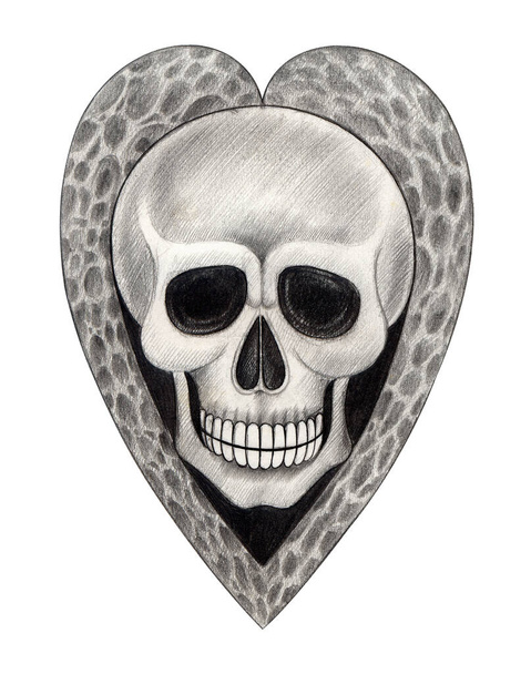 Art heart mix skull tattoo.Hand drawing on paper.  - Fotó, kép
