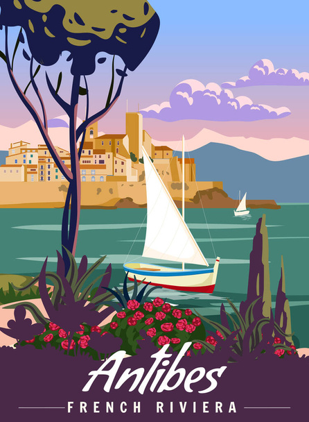 French Riviera Antibes Retro Poster. Tropical coast scenic view, palm, Mediterranean marine, sea town, sailboat. Summer vacation holiday, nature. Vector illustration vintage - Vettoriali, immagini