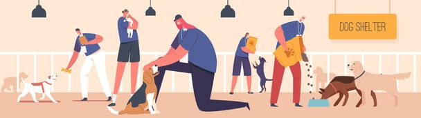 Volunteers Work in Animals Shelter, Pound, Rehabilitation or Adoption Center for Stray Pets. People Help Homeless Pets, Men and Women Feeding and Playing with Dogs. Cartoon Vector Illustration - Вектор,изображение