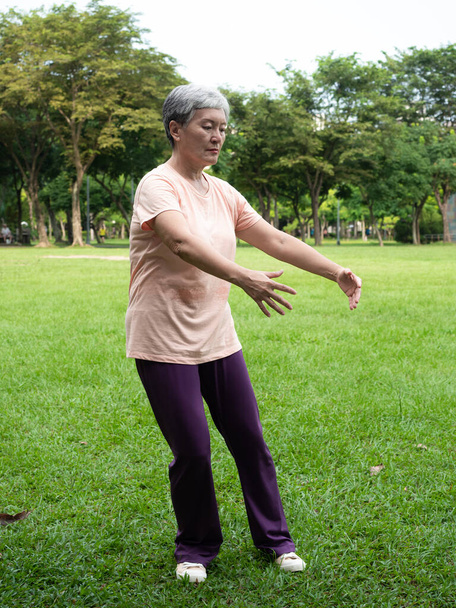 Portrait of happy senior adult elderly asia woman smiling standing and stretch her arms relax and enjoy with nature fresh air in the park. - Foto, immagini