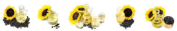 Set of glassware with sunflower oil and seeds isolated on white  - 写真・画像
