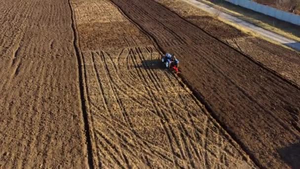 A man on tractor digging the ground. Tractor driver plowing the field. A worker on blue tractor digs up the brown earth. Aerial drone view. Top view. Farming countryside rural. Agrarian. Agricultural - Кадры, видео