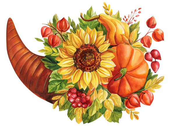 Autumn multicolored bouquet of sunflowers, dry leaves, rowanberry, pumpkins on isolated white background, watercolor illustration, botanical painting, flora design. High quality illustration - Photo, Image