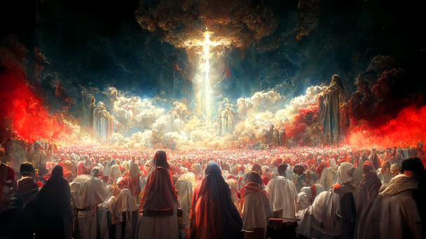 Revelation of Jesus Christ, new testament, religion of christianity, heaven and hell over the crowd of people, Jerusalem of the bible - Foto, afbeelding