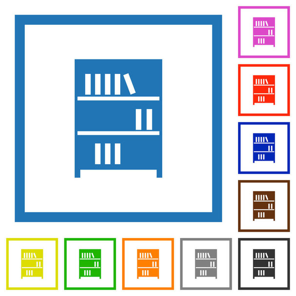 Estantería con libros iconos de color plano sólido en marcos cuadrados sobre fondo blanco - Vector, Imagen