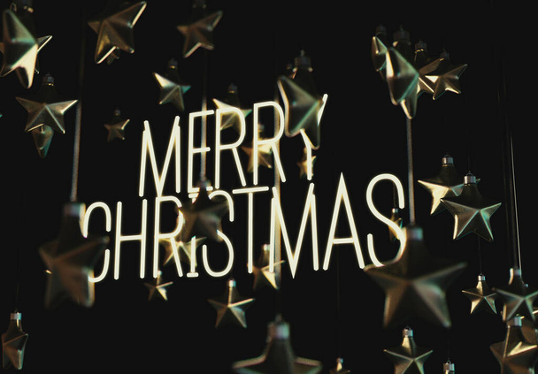A collection of silver christmas star shaped decorations surrounding an illuminated neon sign saying merry christmas on an isolated background - 3D render - Zdjęcie, obraz