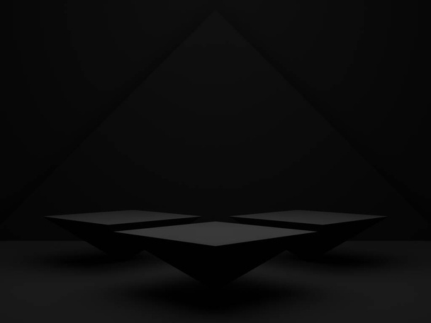 3D μαύρο γεωμετρικό βάθρο. Σκούρο φόντο. - Φωτογραφία, εικόνα