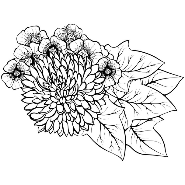 Bouquet with chrysanthemum, buttercups and ivy isolated on white. Vector illustration in sketch line art style. Hand drawn botanical drawings. Design coloring book, greeting card, print, invitation. - ベクター画像