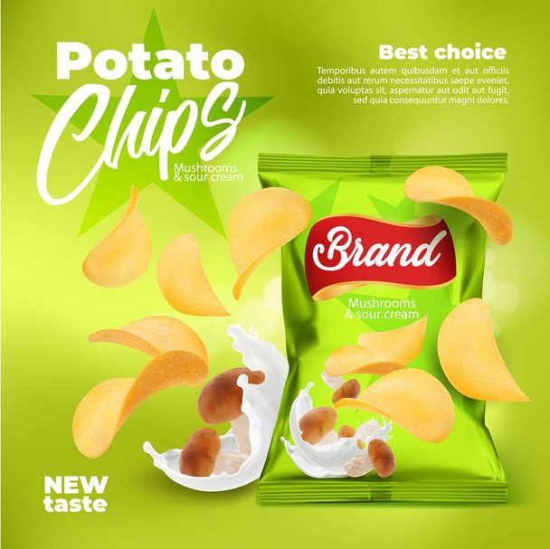 Realistic mushrooms flavored potato chips snack food package. 3d vector promo poster with crunchy snack and foil bag. Delicious food, crisp meal promotion with wavy chips in green pack - Вектор,изображение