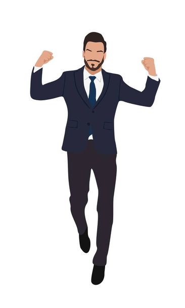 Handsome businessman celebrating the victory and success with his arm in the air and feeling excited. Attractive young male character with beard wearing formal dark suit and tie. Vector cartoon realistic illustration isolated on white background. - Vecteur, image