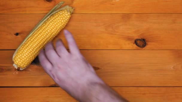 Hands put corn and knife on the table. A man lays out corn on the cob with green leaves and husks and a large knife on the table on an orange wooden background. Fresh corn for cooking. Health food - Felvétel, videó