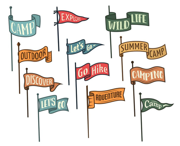 Camping pennant flags, isolated vector varsity scout or university banners for summer camp, outdoor hiking, camper wanderlust or adventure. Set of waving isolated flags on flagpoles - Vektör, Görsel